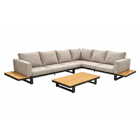 YOI Funsui loungeset compleet + coffee table aluminium black/teak + armleuningen - black/teak/flx bg